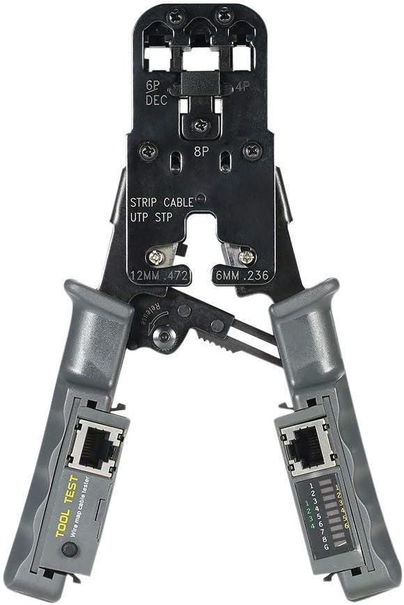A-ITEM Modular Plug Crimping Machine with LAN Tester 2 in 1 Crimping Pliers with LAN Tester Function Multi-Function Detachable Modular Plug Cable Crimping Tool Wire Cutter Stripper for RJ11 RJ12 RJ45