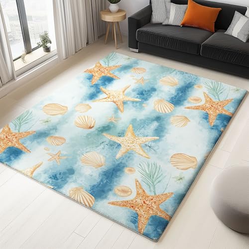 Franela Alfombra Caricatura Estrella De Mar Conchas Decoración, Azul Claro Alfombra Ideal para Sala de Estar Dormitorio y Sala de Juegos, 140 x 200 cm Alfombra Suave y Cómodo Antideslizante Lavable