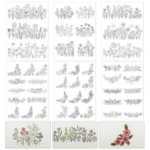 Flower Water Soluble Embroidery Patterns, 6 Sheets 48 Pcs Stick and Stitch Embroidery Papers, Wash Away Pre-Printed Floral Pattern Transfers Paper, Customized Gift for Hand Sewing Lover Beginners