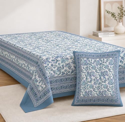 Image of elanorhomes 100% Cotton 240 TC Single Bedsheet for Single Bed, 60 x 90 inch Cotton Bed Sheet with 1 Pillow Cover, Soft Breathable Floral Printed Bedsheet for Bedroom (Azure Bloom)