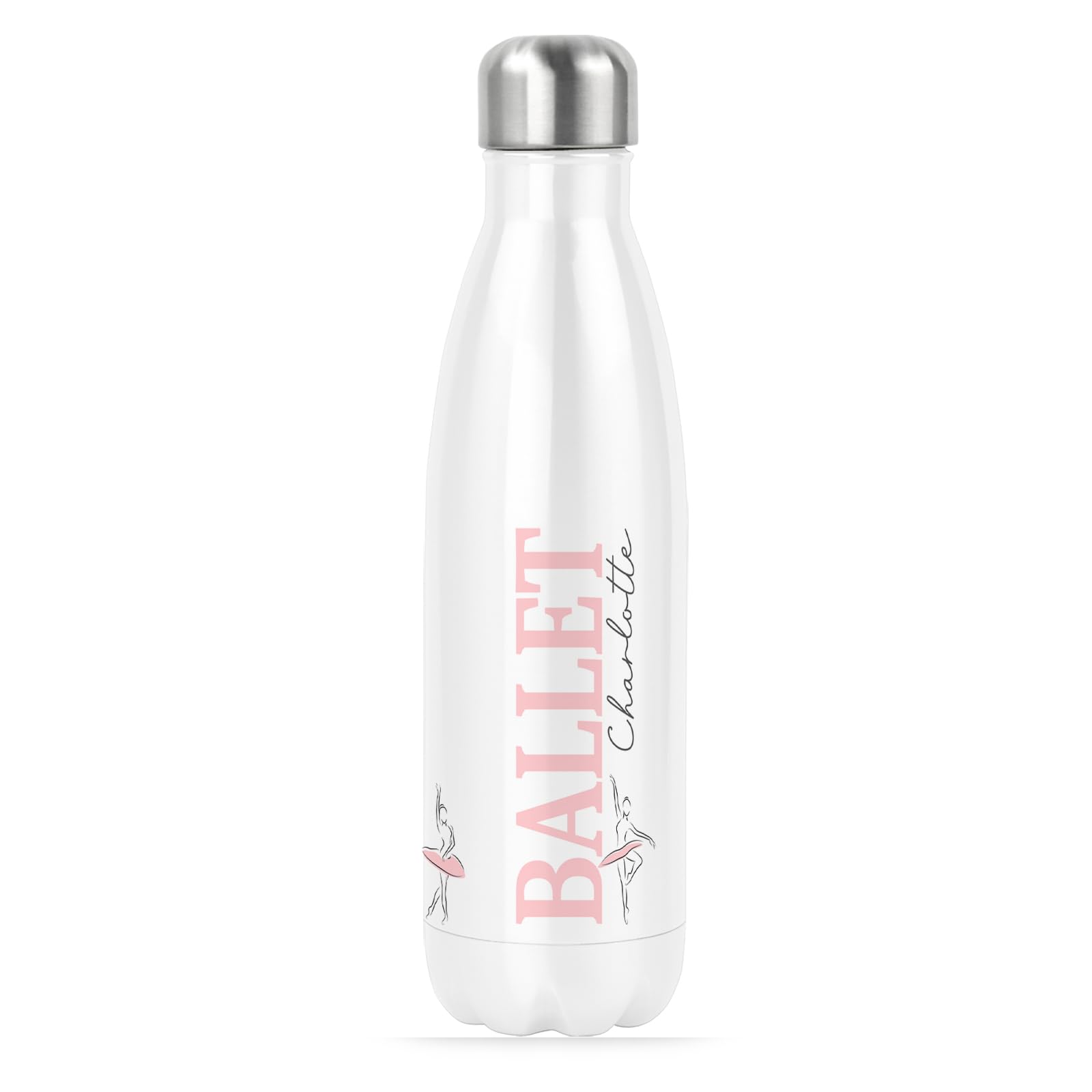 Personalised Ballet Dancer Gift Ballerinas Water Bottle Stainless Steel Insulated Thermal Drink, Double Wall, White, 17oz, 500ml, (Pink Ballet Lettering)