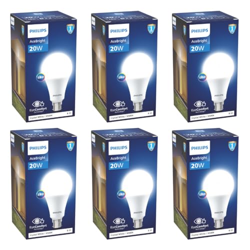 Philips 20-watt LED Bulb |AceBright High Wattage LED Bulb|Base: B22, Light Bulb for Home | Crystal White, Pack of 6 Philips 20-watt LED Bulb |AceBright High Wattage LED Bulb|Base: B22, Light Bulb for Home | Crystal White, Pack of 6