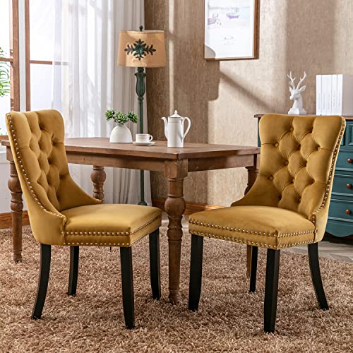 Image of Virabit Velvet Dining Chairs Set of 2, Tufted Upholstered Dining Chairs with Nailhead Back and Ring Pull Trim, Solid Wood Dining Chairs for Kitchen /Bedroom /Dining Room (Gold)
