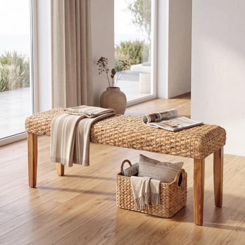 Image of Entryway Bench, 47 inch Natural Plait Seat Wicker and Solid Acacia Wood Frame
