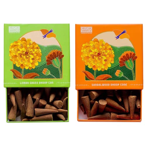 Image of HelpUsGreen Natural Dhoop Cones Lemon Grass & Sandalwood Fragrance | Charcoal Free Organic Incense Cones for Pooja Meditation & Home Fragrance | Long Lasting Low Smoke with Holder 80 Cones Pack of 2