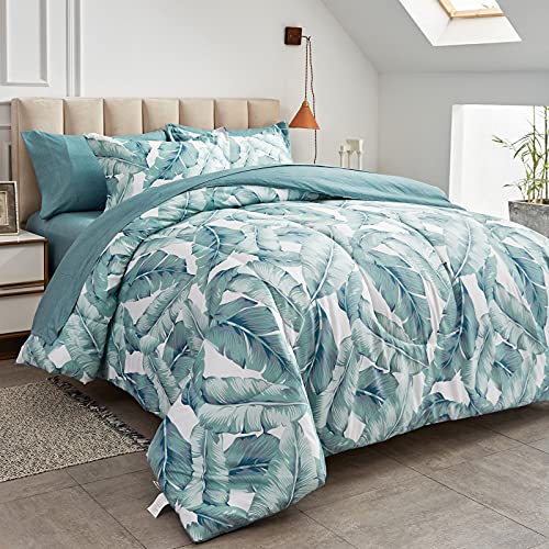 Aikasy Blue Green King Comforter Set With Sheets,Bed In A Bag 7-Pieces,Palm Tree Totem Printing Design,Ultra Soft Down Alternative All Season Bedding Set(King, Blue Green) #TOP2