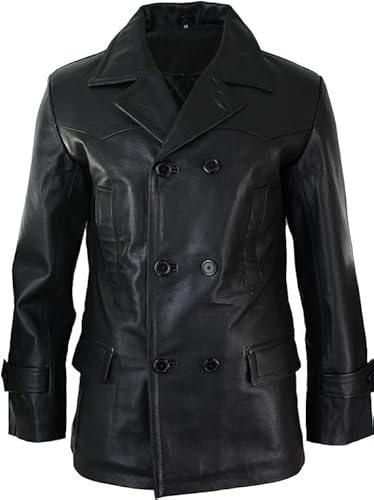 Image of Havock Mens Real Leather 3/4 Double Breasted Pea Coat Sherlock Sailor Classic (US, Alpha, XX-Large, Regular, Regular, Black)