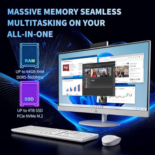 Image of HP 27 inch all-in-one touchscreen desktop, Intel Core Ultra 7 155U, DDR5 RAM, SSD, Windows 11 Pro, adjustable angle, wireless keyboard and mouse