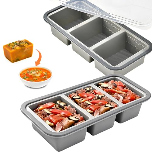 1.4 Cup Silicone Freezer Tray with Lids 2 PACK, Food Freezer Container, BPA Free Oven Dishwasher Safe, Ideal for Portioned Meal Prep, Soup, Leftovers, Freezing Sauce, Broth, Ice Cubes (Grey)