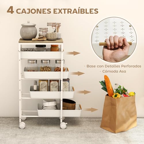 HOMCOM Carro de Cocina de Almacenamiento de 5 Niveles Carrito Auxiliar con Ruedas Tablero Efecto Madera y 4 Cajones Extraíbles Carrito de Cocina para Comedor Salón 39,5x24x82 cm Blanco - imagen 3