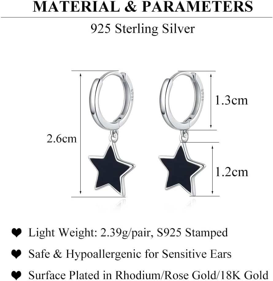 SLUYNZ Solid 925 Sterling Silver Black Star Hoop Earrings for Women Teens 1.3CM Star Hoop Dangle Earrings