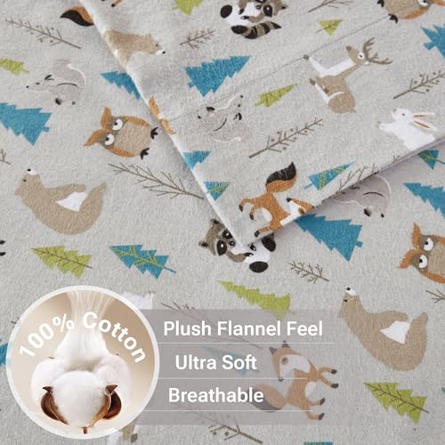 True North by Sleep Philosophy Cozy Flannel Warm 100% Cotton Sheet - Novelty Print Animals Stars Cute Ultra Soft Cold Weather Bedding Set, King, Multi Forest Animals 4 Piece