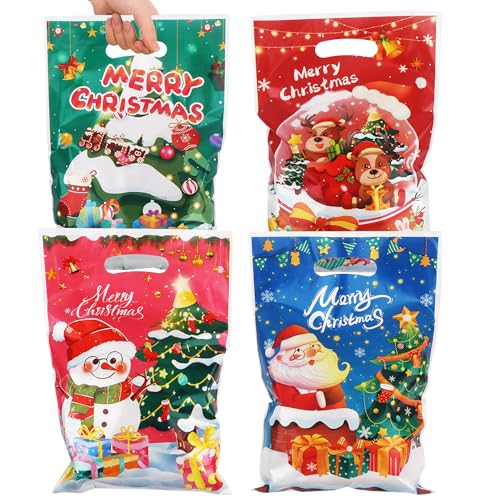Christmas Gift Bags with Handles - 50 Pcs Christmas Treat Bags, Xmas Goodie Bags Bulk Plastic Snowman Small Candy Goody Cookie Snack Favor Tote Bag...