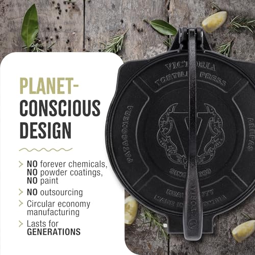 Image of Victoria 10-Inch Cast Iron Tortilla Press HD Spherrous, Commercial-Grade Cast Iron Tortilla Maker, Roti Press, Pataconera Seasoned with Flaxseed Oil, Made in Colombia, Black