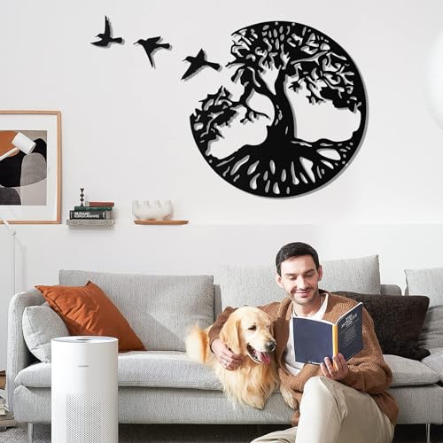 لوحة فنية جدارية معدنية بتصميم شجرة الحياة من نالكال مع 3 قطع طيور، 4 قطع فنية معدنية سوداء لتزيين الحائط مع 3 طيور لغرفة المعيشة والحمام والمطبخ (12 انش، اسود)