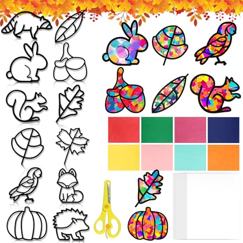 Huanmin 12 Stück Herbst Bastelset Kinder, Fensterbilder Herbst Basteln,...