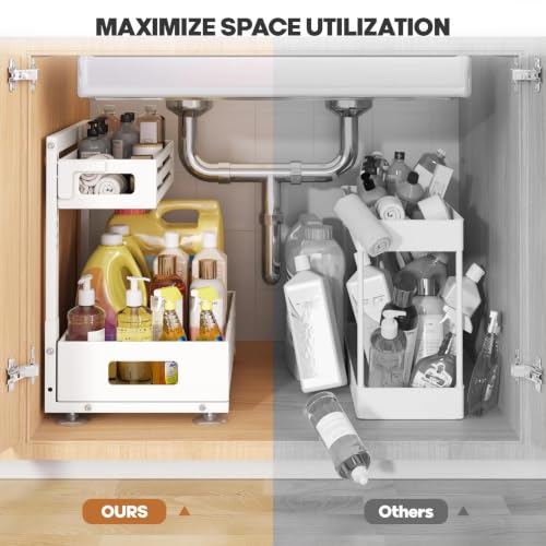 Image of 2 Pack Under Sink Organizer,Pull Out Cabinet Organizer With Smooth Cylindrical Rail,Metal Slide Out Drawer for Kitchen Bathroom Laundry Cabinet,8-Level Tool Free Height Adjustable-White