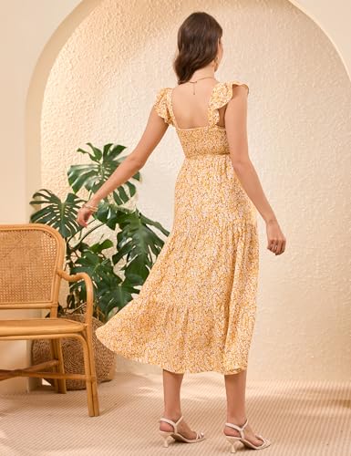 Image of KOJOOIN Womens Maternity Dress Summer Sleeveless Smocked Square Neck Ruffle Casual Boho Midi Dress Baby Shower Photoshoot