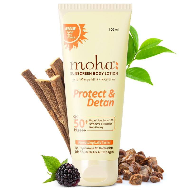 Moha Body Sunscreen SPF 50+ PA++++ 100ml Pack Of 1 | New-Gen Photostable UV Filters | Water & Sweat Resistant Sunscreen Lotion | Broad Spectrum Sunblock | Tan Protection | Lightweight Non-Sticky.