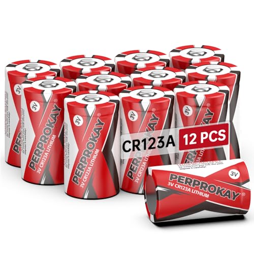 perprokay Cr123A-12 Pack, Cr123a 3v Lithium Battery, 123 Batteries with High Compatibility, 10 Years Warranty, Suitable for Home Security Devices, Cameras, Flashlights and More.