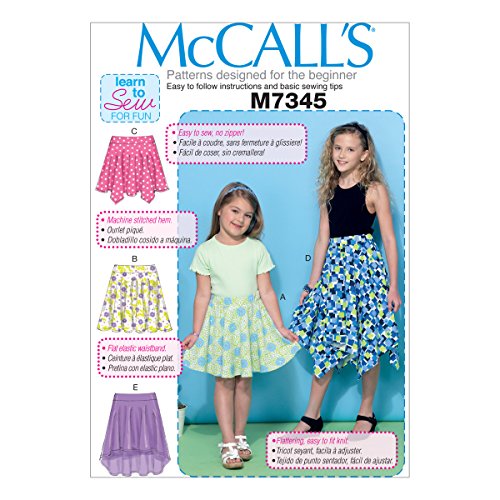 McCall's Patterns M7345 Children's/Girls' Straight, Handkerchief or High-Low Hem Skirts, CHJ (7-8-10-12-14)