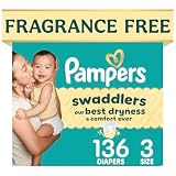 Pampers Swaddlers Diapers, Size 3 (13-26 lbs), 136 Count, Hypoallergenic, Absorbent, Keeps Baby Dry and Comfortable, Skin Safe Disposable Baby Diaper