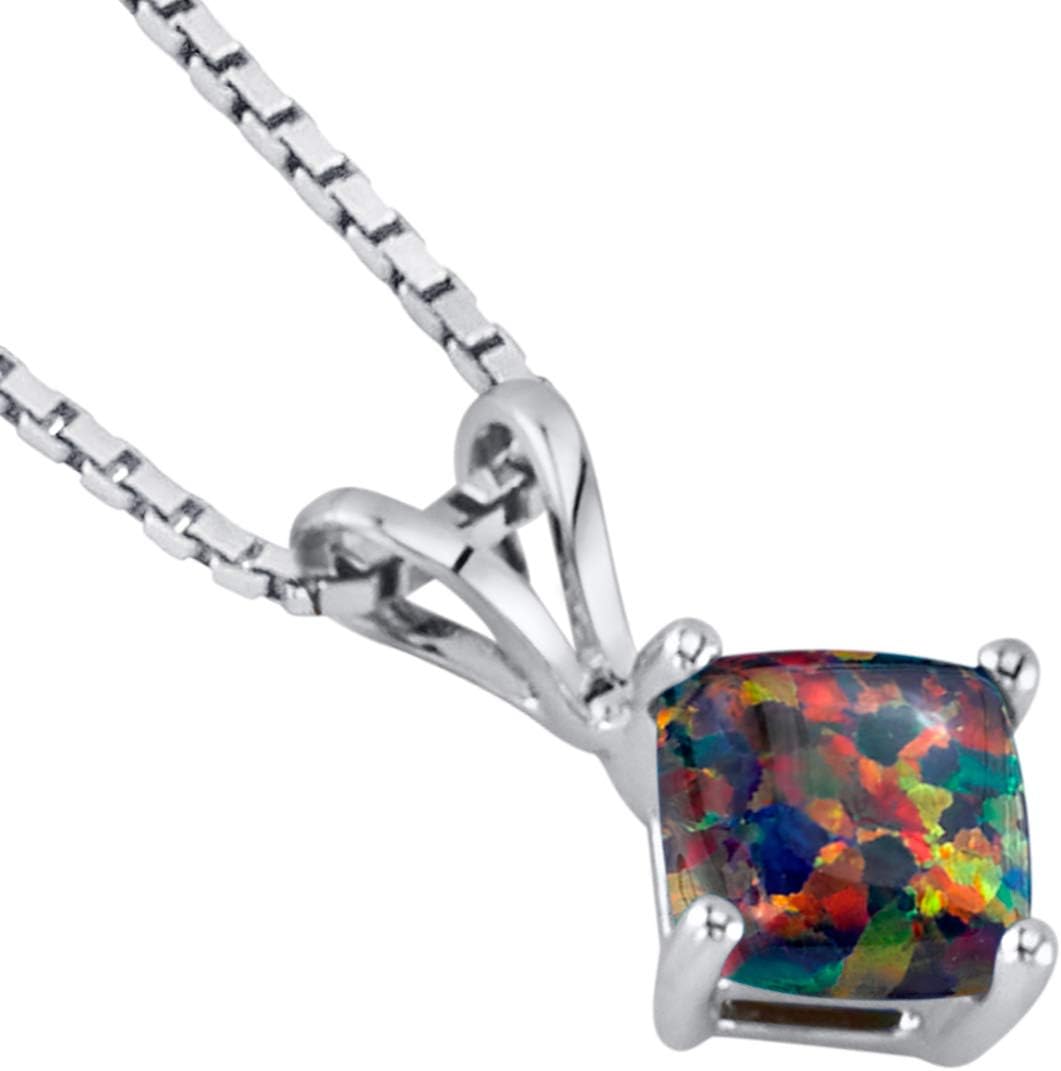 PEORA 14K White Gold Created Black Opal Pendant for Women, Classic Solitaire, Cushion Cut, 6mm, October Birthstone Necklace, Fire Opal Necklace, For Jewelry Gift & Everyday Wear, w/Jewelry Box