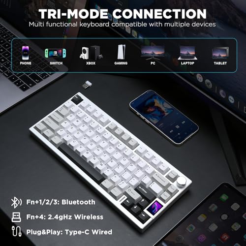 YUNZII AL80 Wireless Mechanical Keyboard,Full Aluminum CNC, Smart LCD Display,Hot Swappable Gasket Mount 75% Layout with Knob,BT/2.4G/USB-C,QMK/VIA Support for Win/Mac (Silver, Cocoa Cream V2 Switch) by YUNZII - Image 4