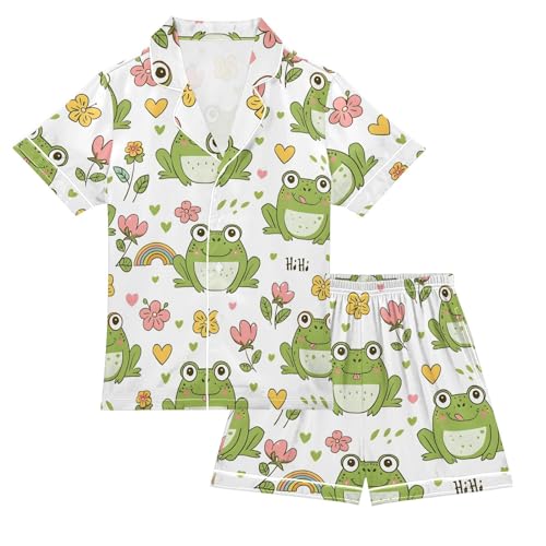 Cartoon Frog Floral Rainbow Pajamas Set Summer Button Down Sleepwear Pjs Sets Comfy Loungewear