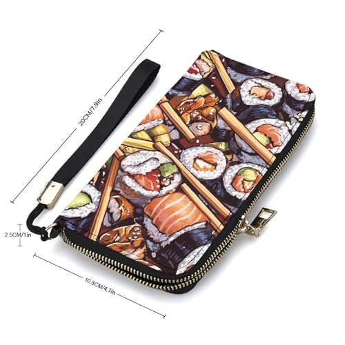 Sushi Rolls Stacked Women's Leather Clutch Wallet with Zip Card Holder Hand Strap Large Capacity2