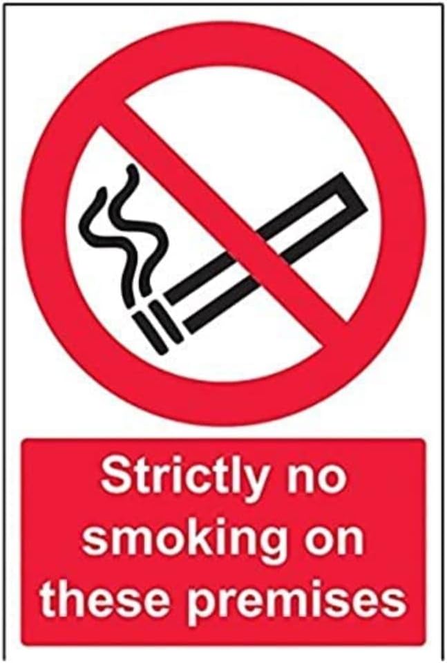V Safety 57031AU-S Strictly No Smoking On These Premises Prohibition Sign - Portrait - 200mm x 300mm - Self Adhesive Vinyl, Black/Red
