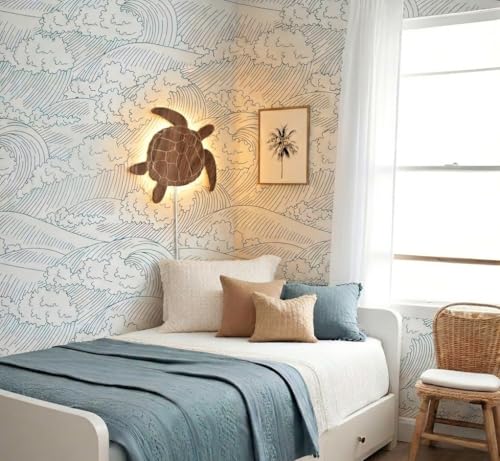 Solenzo Veilleuse Murale Tortue en Bois Gravé - Décoration Murale Naturelle Chambre Bébé - Style Bord de Mer - Ampoule offerte