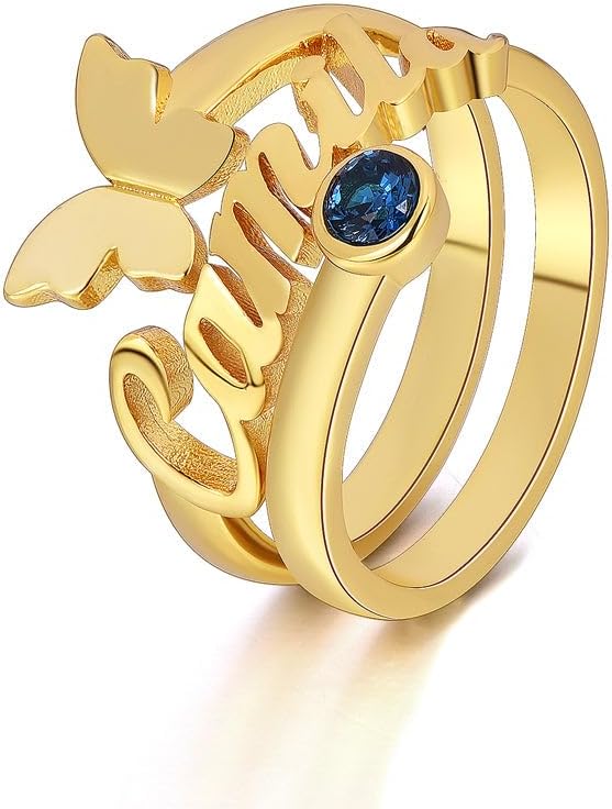 10K 14K 18K Solid Gold Butterfly Rings for Women Personalized, Custom Name Ring Bands with Birthstone Jewelry Gift for Engagement Mother's Day Christmas Birthday Size 4-12
