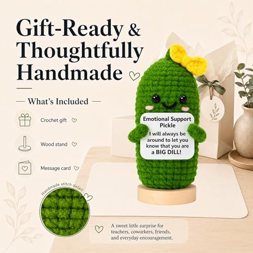 Image of Emotional Support Pickle Crochet with Stand. Handmade Positive Pickle Gift for Women, Friends, Family, Co Workers. Birthday Gifts. Best Friends (Yellow Support Pickle)