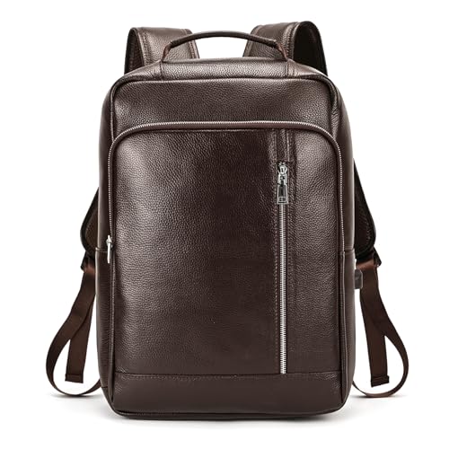Genuine Leather Backpack Men Casual Daypack 15.6 Inch Laptop Rucksack Business Travel Outdoor Shoulder Bag with Trolley Sleeve (Coffee)