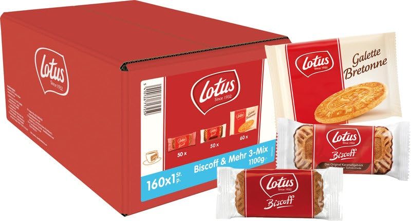 Lotus Biscoff Galleta caramelizada, galletas de chocolate caramelizadas y empanada Bretone | 160 galletas envasadas individualmente | Solo ingredientes naturales | 160 x 1 | 1,1 kg