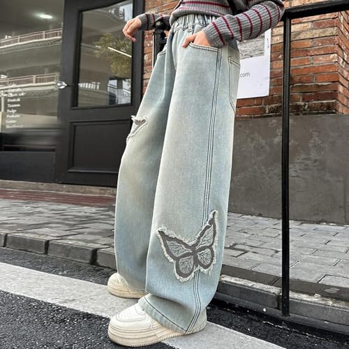 Jeans for Girls Wide Leg Baggy Denim Pants Cute High Waisted Trousers Teen Casual Y2k Streetwear with Pockets 5-17Y4