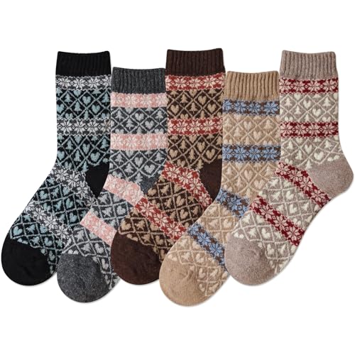 Image of IIG 5 Pairs Women's Vintage Style Thick Wool Warm Winter Crew Socks