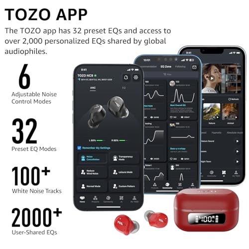 TOZO Hybrid Active Noise Cancelling Earbuds, 45dB ANC Wireless Earbuds, 6-Mic ENC for Clear Calls, Deep Bass, 59H Playtime, IPX8 Waterproof, Bluetooth 5.3 Ear Buds with App for Custom EQ (Red) - 6
