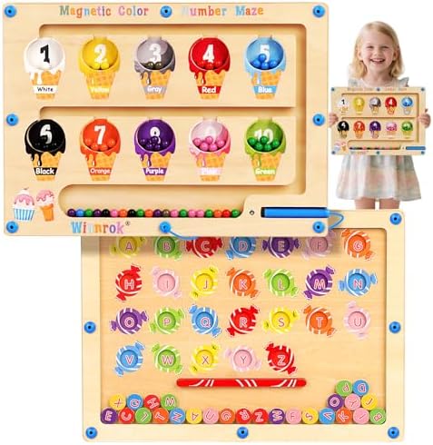 2 in 1 Magnetic Color and Number Maze, ABC Alphabet Puzzles Board Magnet Ice Cream Toys, Montessori Educational Magnet Puzzle, Preschool Learning Counting Toys for 2 3 4 5 Christmas Birthday Gifts