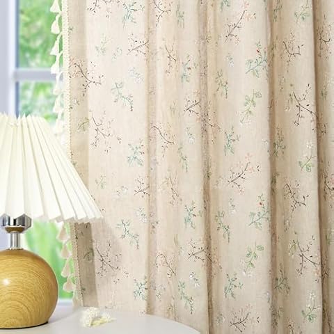 Floral Curtains Farmhouse Curtains for Living Room 63 Inch Length Linen Floral Patterned French Country Curtains Rod Pocket Bedroom Curtains with Tassel, 2 Panels Cover