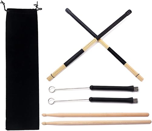 Miniatura 3 de Juego de cepillos para baquetas, 1 par de baquetas de madera de arce clásica 5A, 1 par de cepillos retráctiles de alambre de tambor y 1 par de