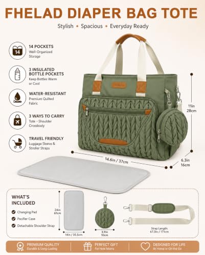 Image of FHELAD Diaper Bag Tote for Women, Baby Diaper Bag 16L (Sage Green) | 5 Insulated Pockets, Changing Pad, Pacifier Case, Stroller Clip, 15.6 Inch Laptop Compartment, Detachable Shoulder Strap