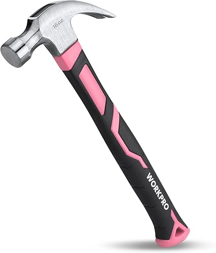 WORKPRO Martillo de garra de 16 onzas con mango de fibra de vidrio, martillo de uso general con cabeza de acero endurecido forjado, cinta rosa