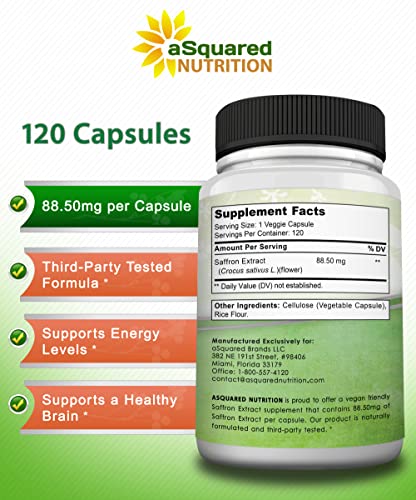 Asquared Nutrition Saffron Supplements - 120 Capsules - Saffron Extract Supplement Pills - Pure Saffron Alternative To Powder, Tea, Threads & Gummies #TOP5