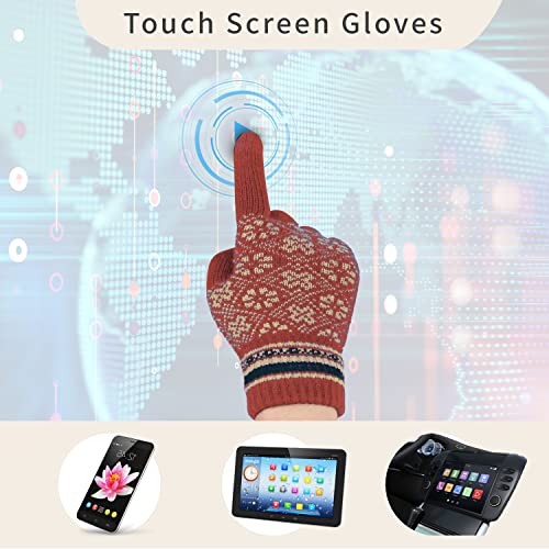 Ecodudo 3 Pieces Beanie Hat Long Scarf Touch Screen Gloves Set Snowflake Print Skull Cap With Pom Warm Acrylic Lined Scarf And Glove For Women (Pink) #TOP2