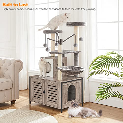 HOOBRO Cat Tree with Litter Box Enclosure, All-in-One Wooden Cat Tower, Cat Furniture for Indoor Cats, Cat Condo with Hammock, Detachable Teaser Sticks, Greige BG14MZ03 by HOOBRO - Image 2