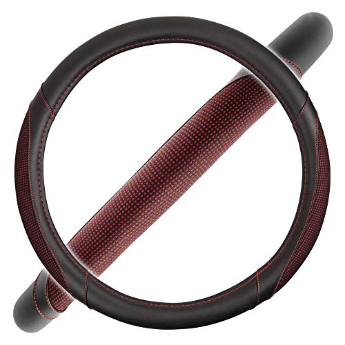 Image of Motor Trend Wine Steering Wheel Cover - Dotted Comfort Polyester Grip on Stitched Synthetic Leather, Wine Stitching /Black
