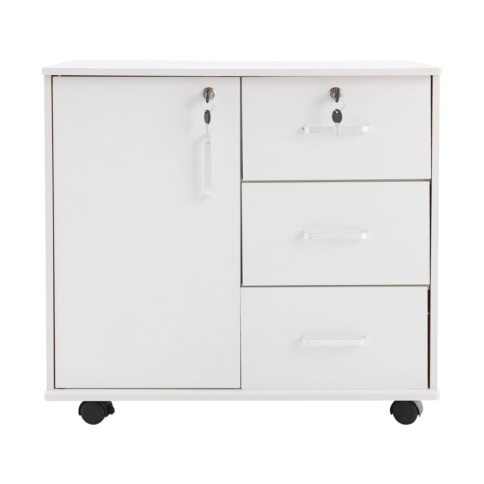 Cassettiera con 3 cassetti e anta da 60 cm, bianco caldo | Per ufficio e soggiorno, 3 cassetti + porta, 4 ruote, portata fino a 60 kg, compatto