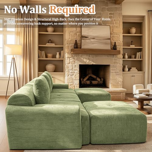 Image of 159 inch U-Shaped Modular Sectional Sofa, Oversized Boneless Cloud Couch for Living Room with Extra Deep Seat & High Back, Tool-Free No Assembly, Soft Chenille (Olive Green, 159 inch-U shaped（4+2）)